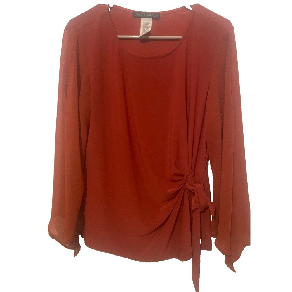 Coco Bianco Blouse Women's Rust Side Tie Ruched Long Sheer Sleeve Stretch Top‎ - Picture 2 of 6
